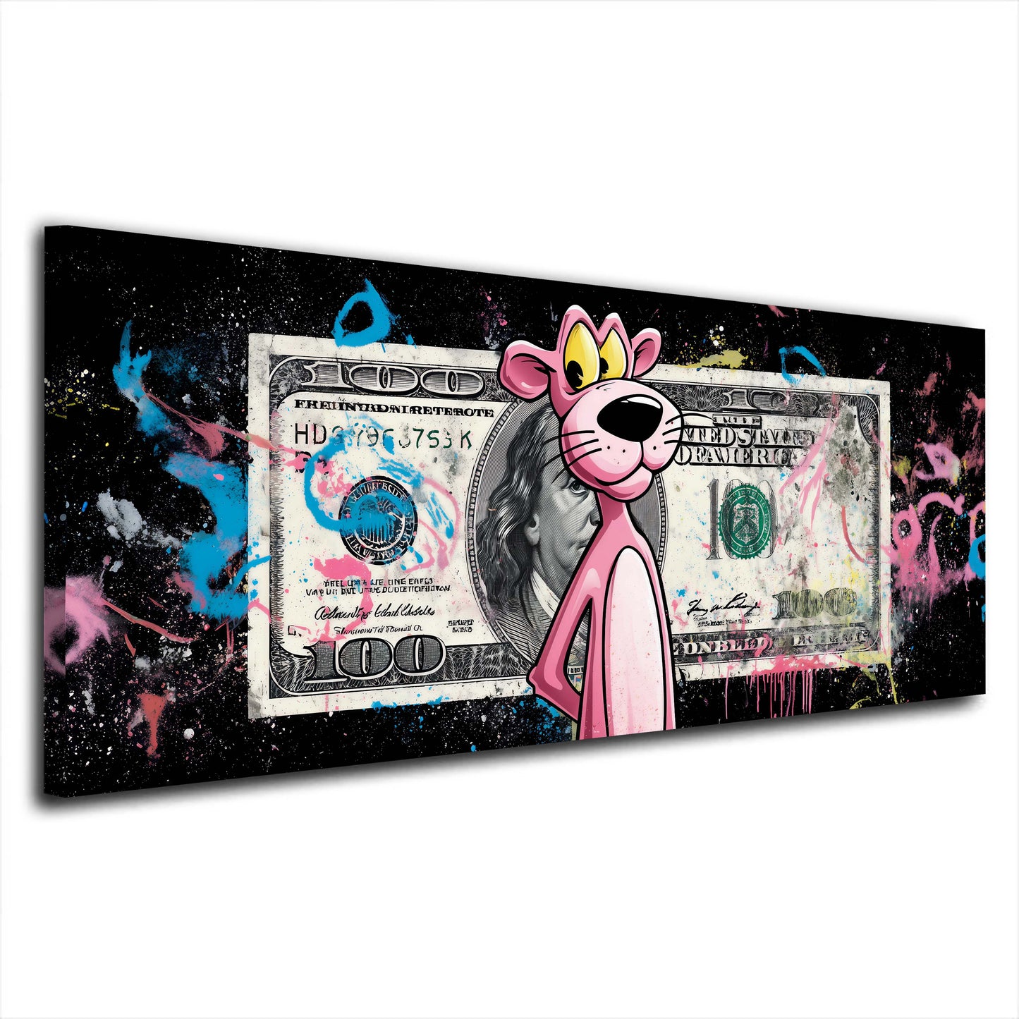 Pantera Rosa davanti a banconota su sfondo nero graffiti quadro