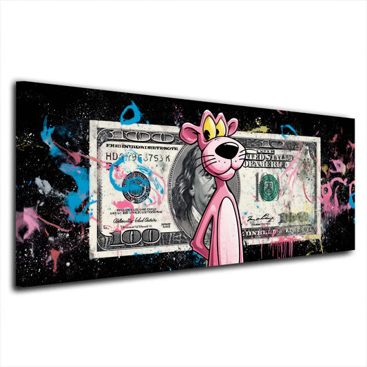 Pantera Rosa davanti a banconota su sfondo nero graffiti quadro