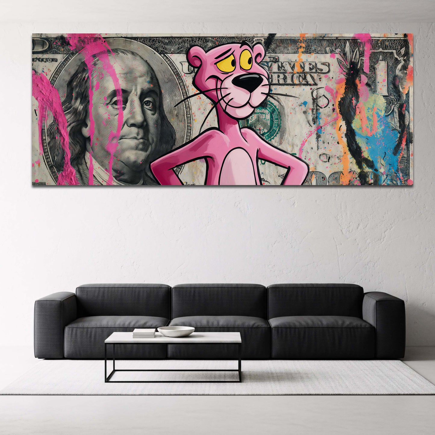 Pantera Rosa in piedi sul dollaro con Benjamin Franklin quadro