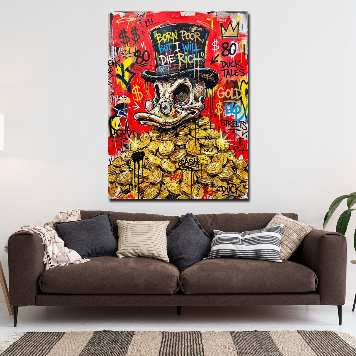 Quadro Born Poor Graffiti con papero appeso in soggiorno