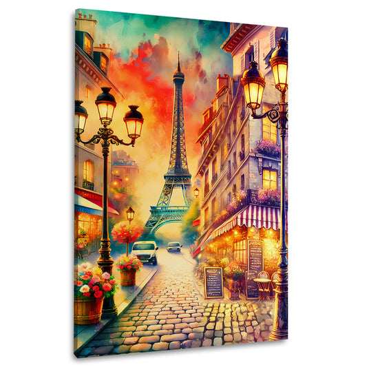 Parigi romantico torre eiffel strada caffè tramonto quadro