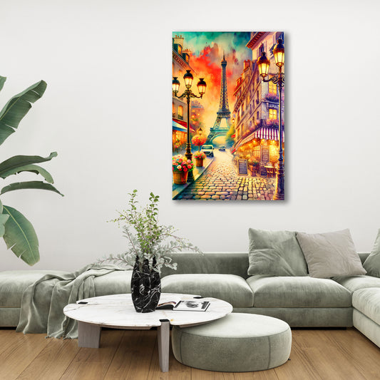 Parigi romantico torre eiffel strada caffè tramonto quadro