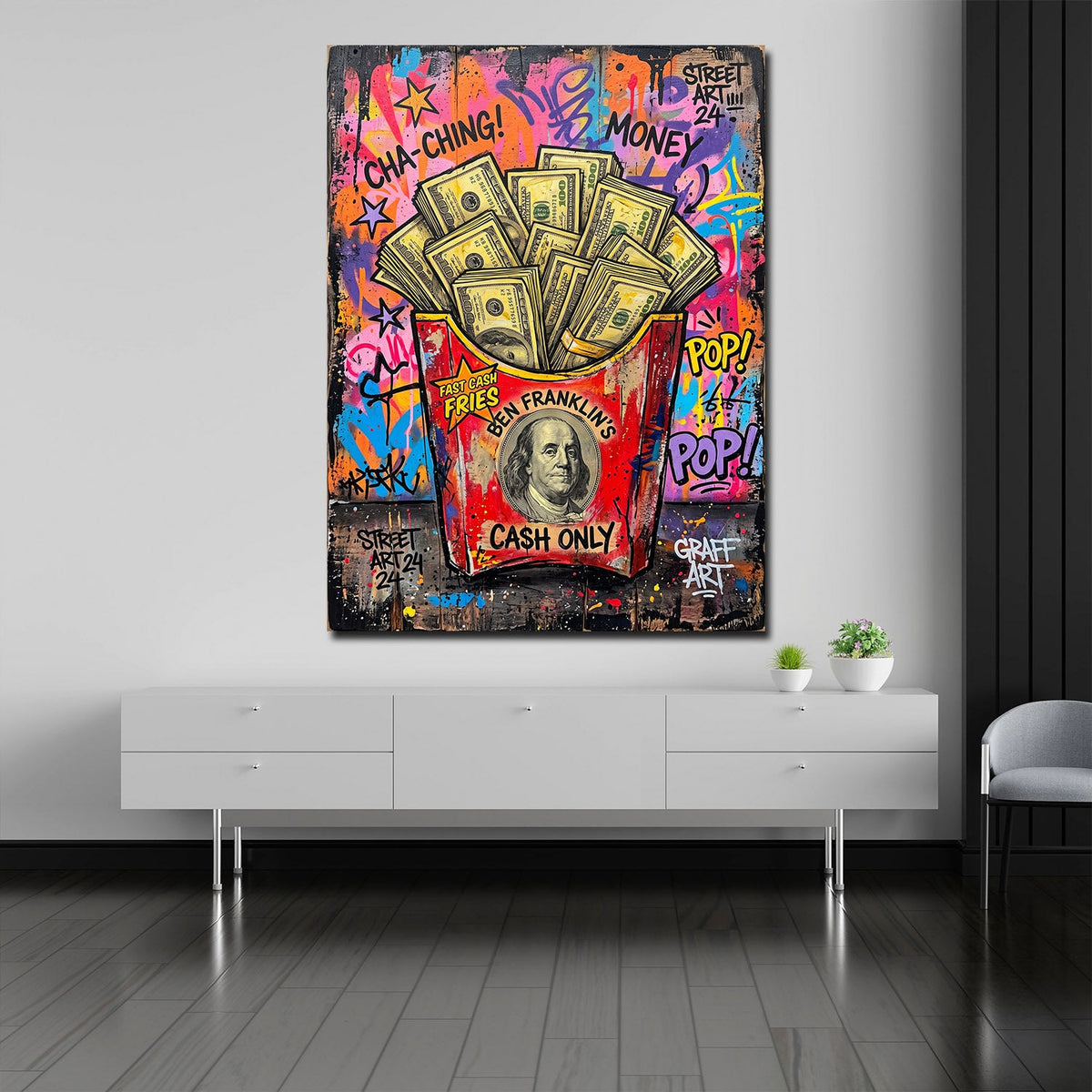 Quadro patatine con dollari Pop Art in cucina