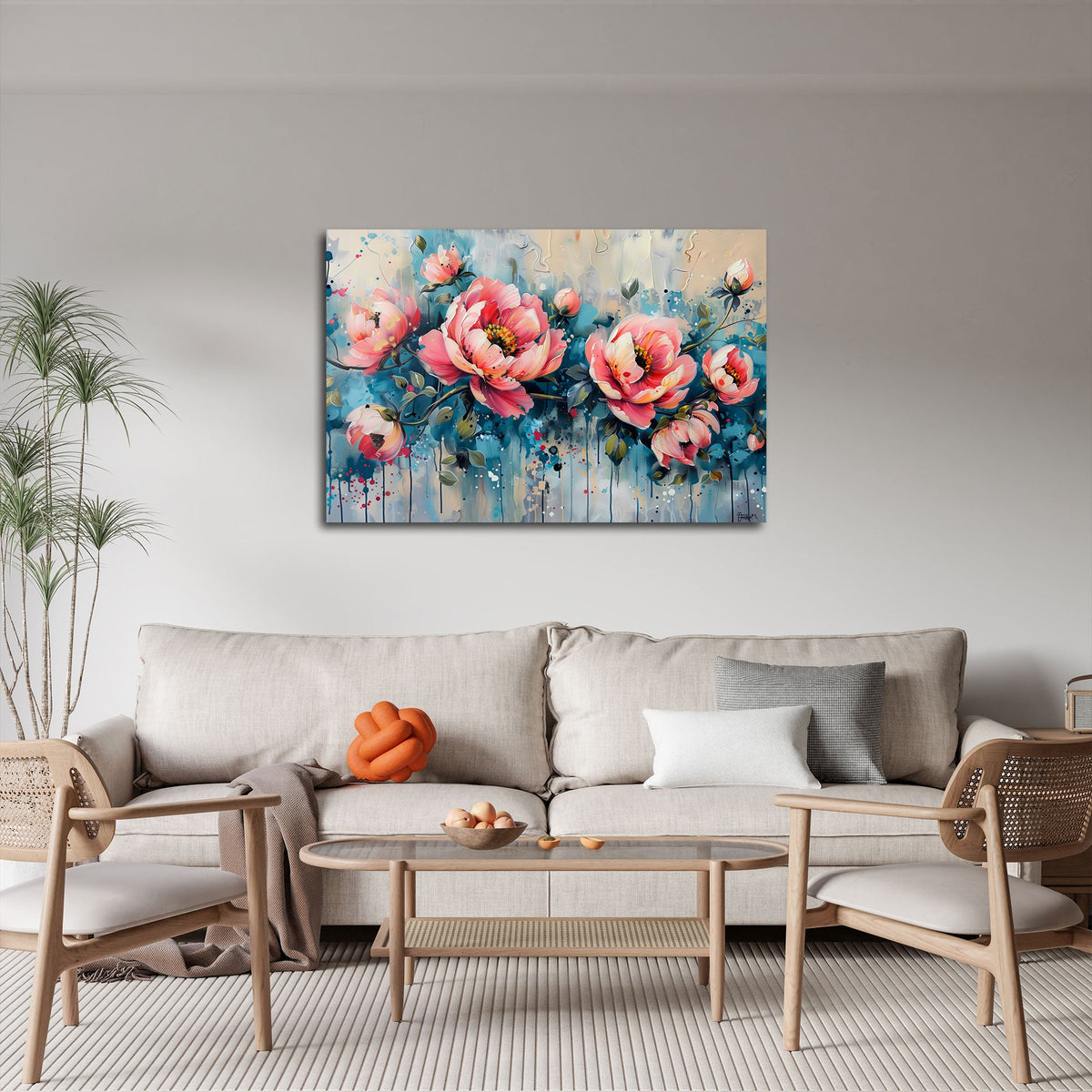 Quadro peonie rosa in soggiorno