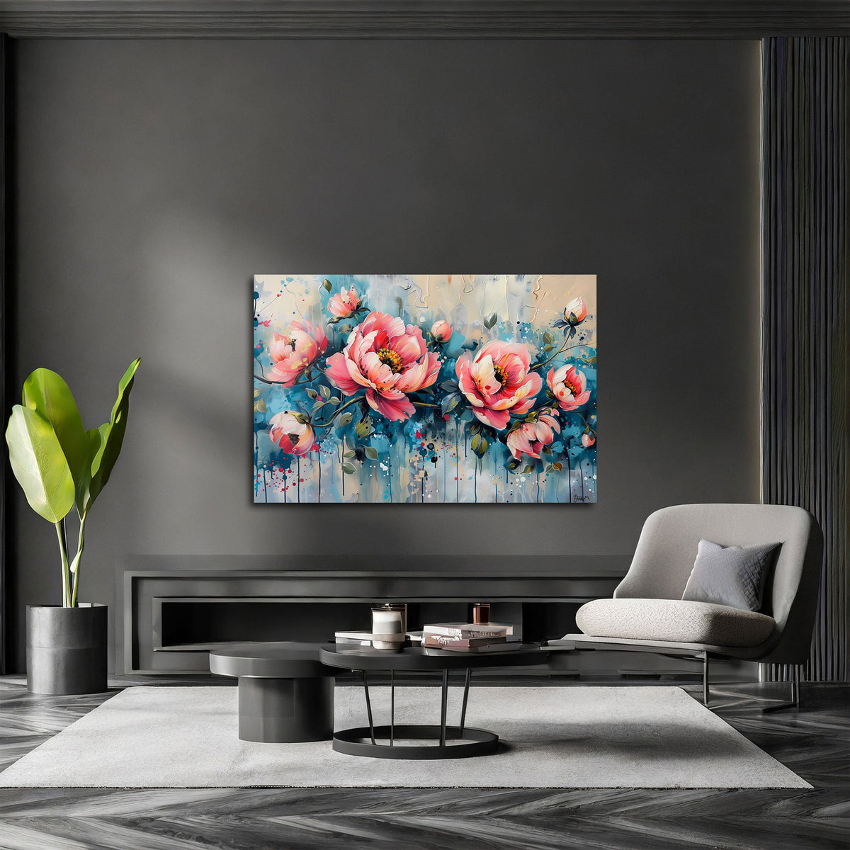 Quadro peonie rosa ambientato