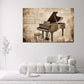 Pianoforte a coda circondato da spartiti in tono sepia quadro