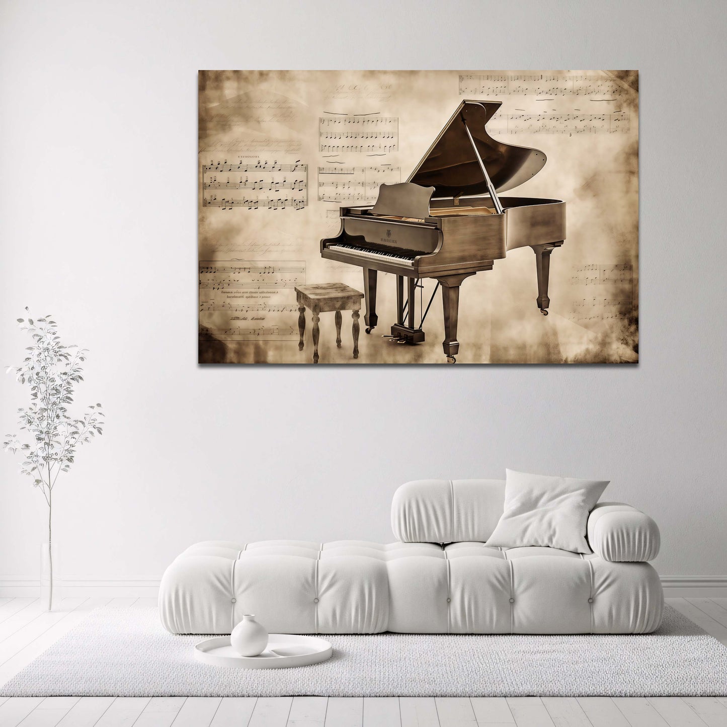 Pianoforte a coda circondato da spartiti in tono sepia quadro