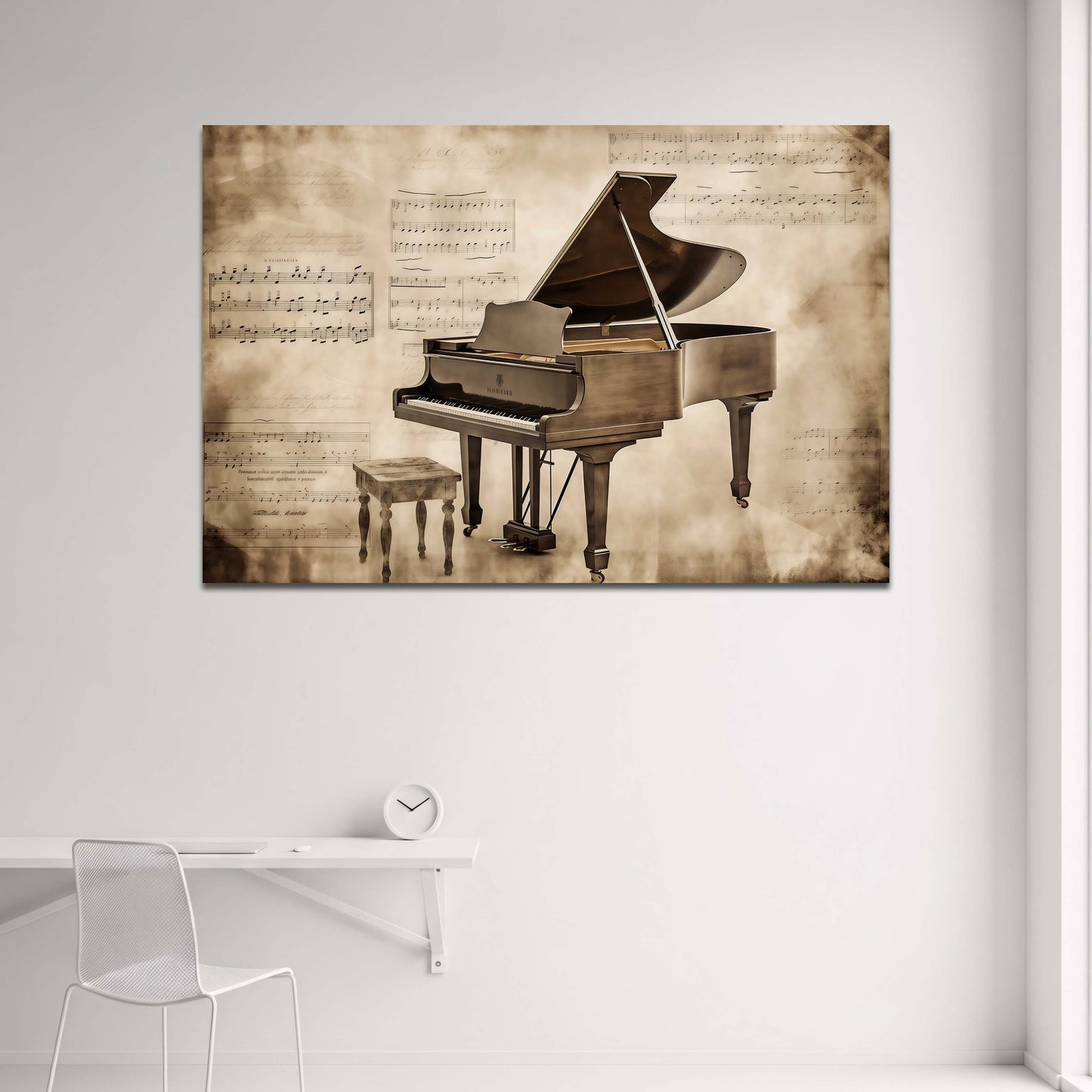 Pianoforte a coda circondato da spartiti in tono sepia quadro