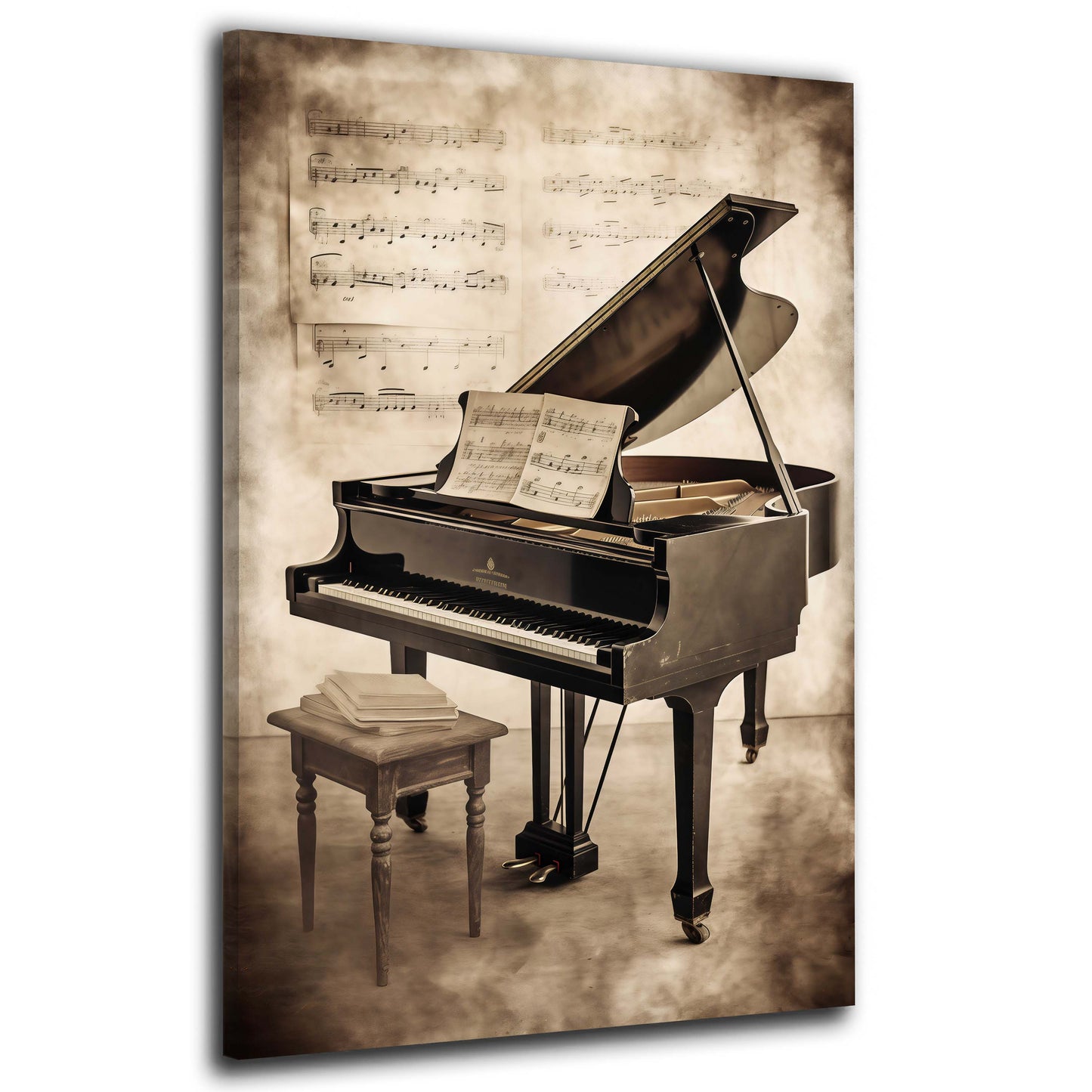 Pianoforte a coda vintage con spartito musicale sepia quadro