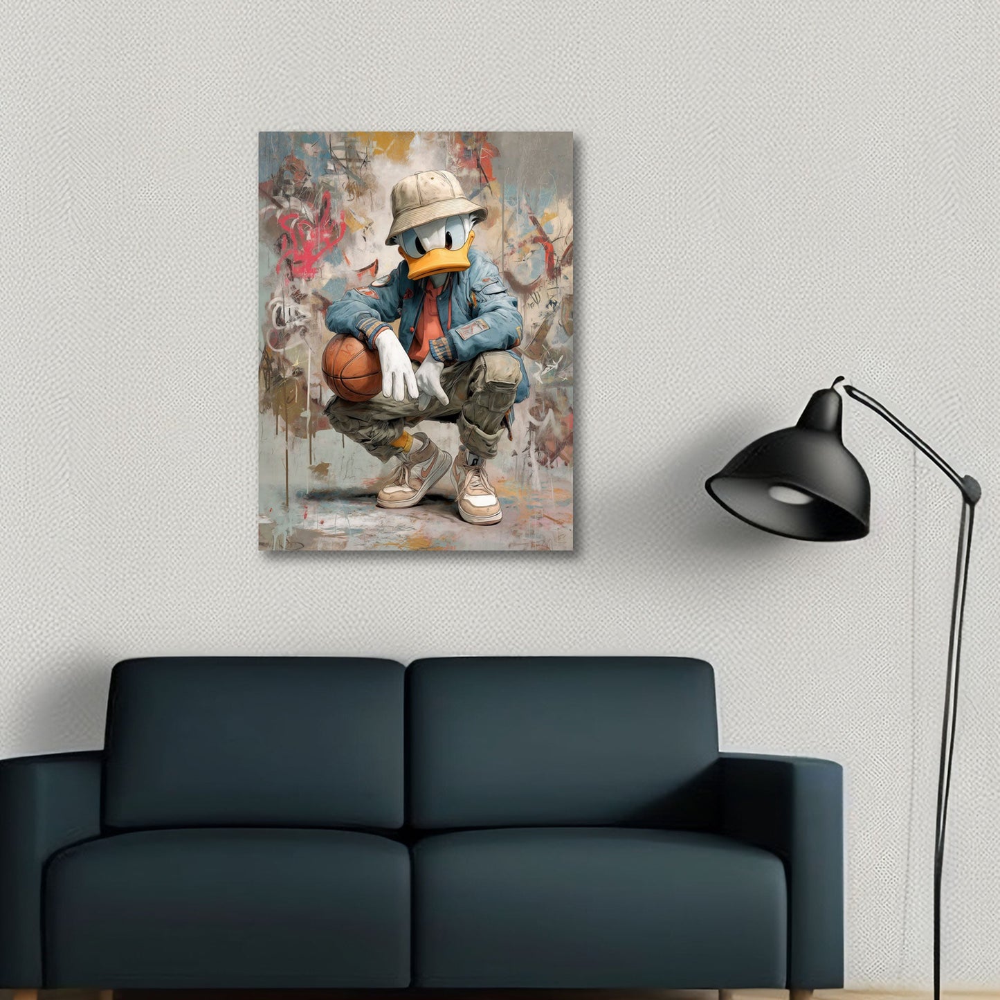 Pop art anatra con cappello basket stile street art quadro