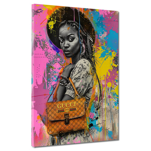 Pop Art donna africana elegante con borsa di lusso quadro