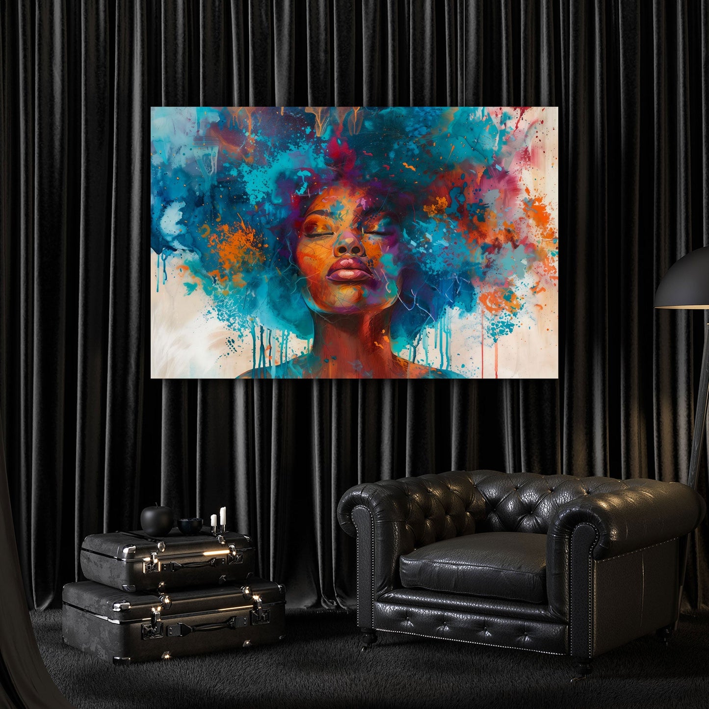 Pop Art donna africana volto astratto colori intensi quadro