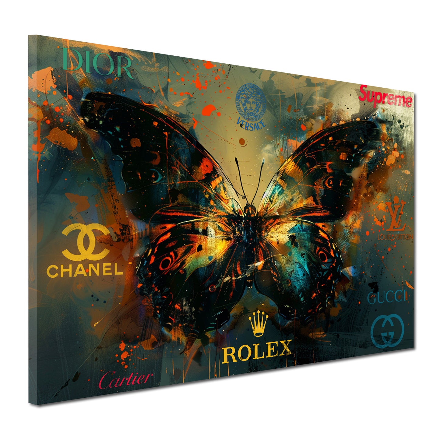 Pop Art farfalla marchi di lusso sfondo scuro quadro