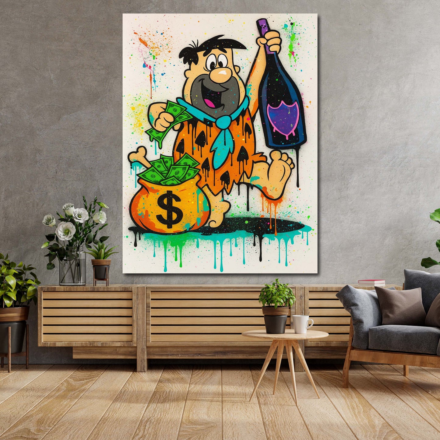 Pop Art Fred personaggio cartoon soldi champagne quadro