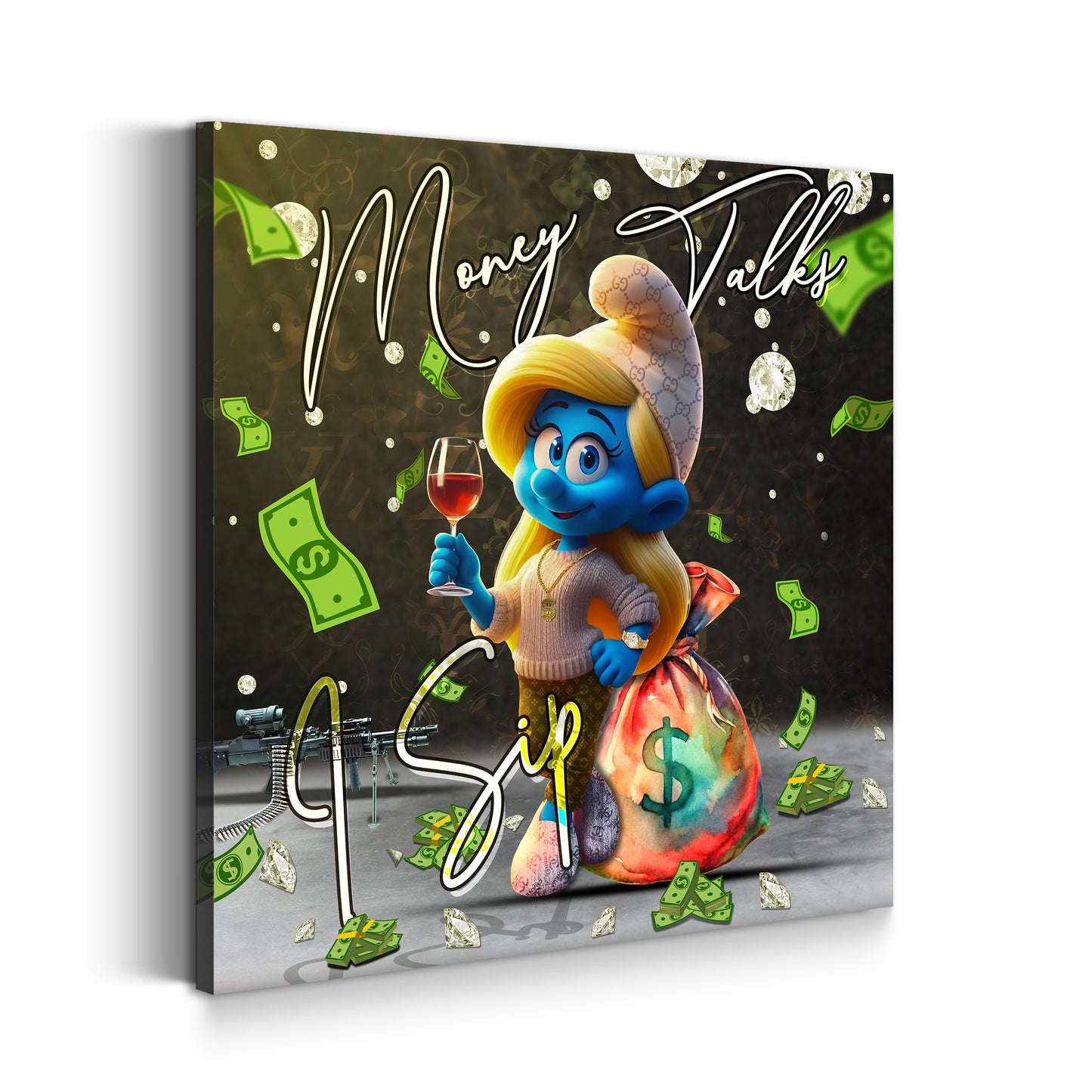 Pop Art puffetta con borsa di soldi vino e lusso quadro