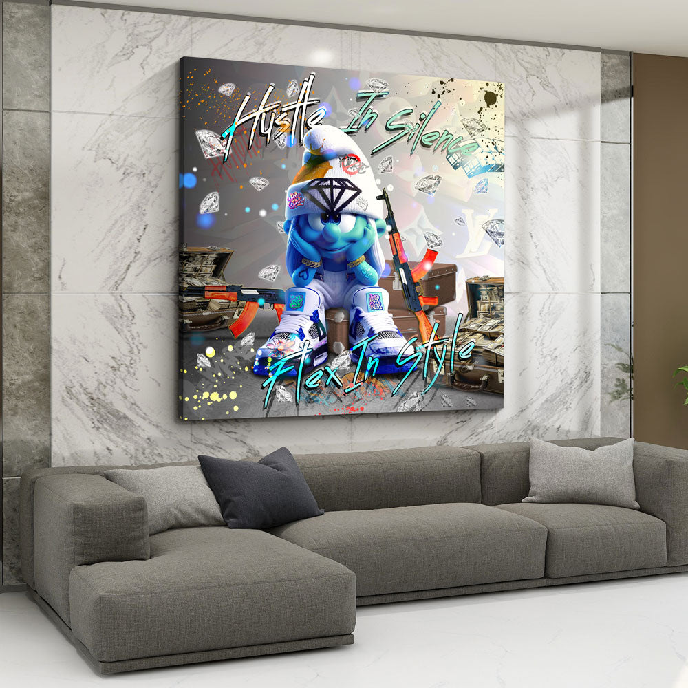 Pop Art puffo con diamanti armi e soldi quadro