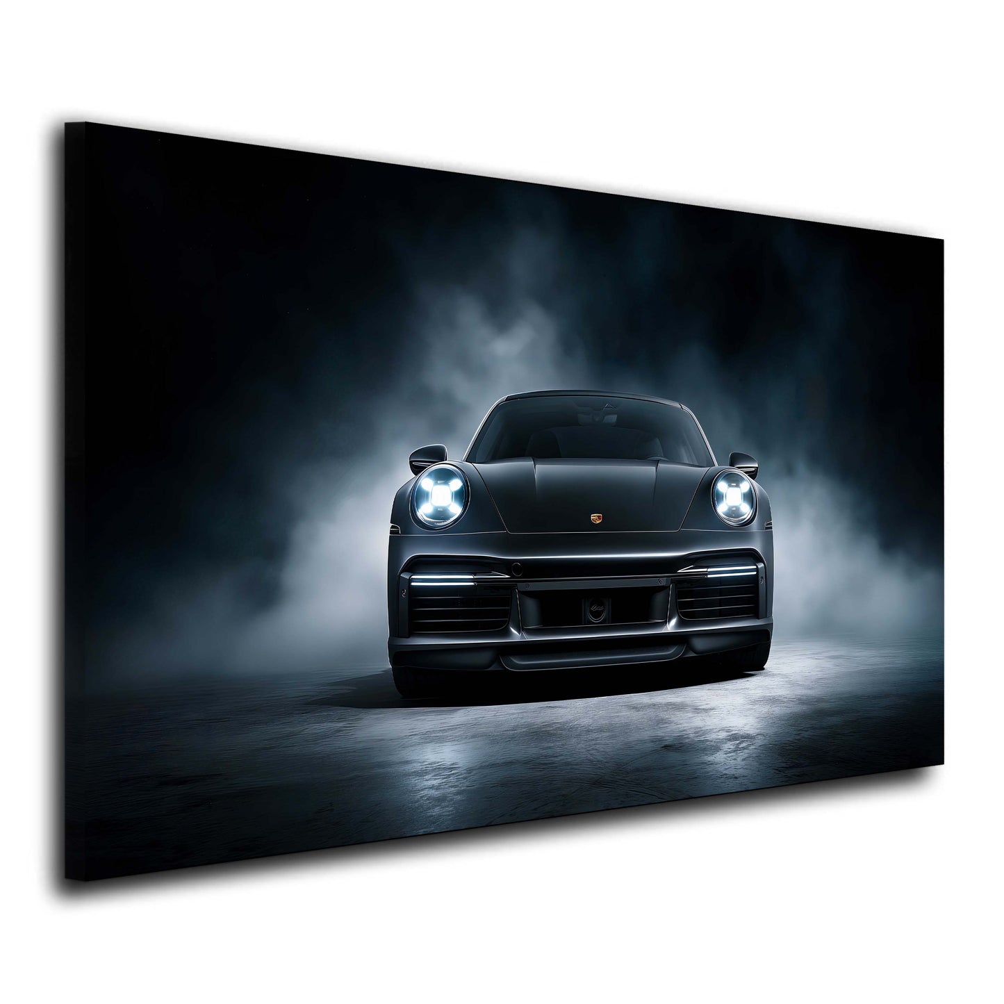 Porsche 911 nera di fronte in atmosfera di fumo scenica quadro