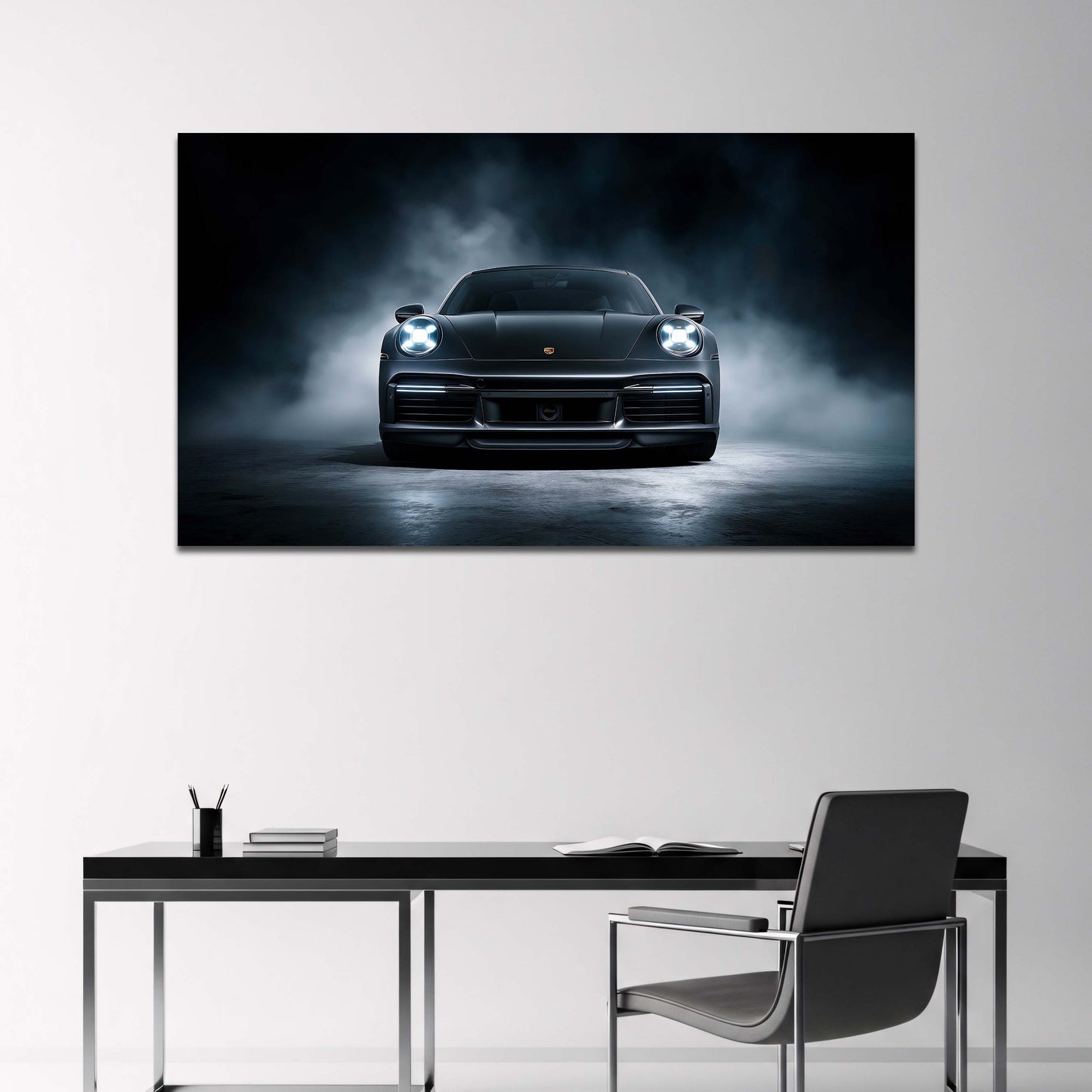 Porsche 911 nera di fronte in atmosfera di fumo scenica quadro