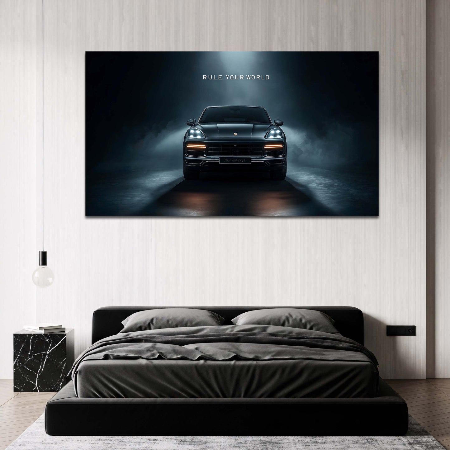 Porsche Cayenne con Rule Your World nella nebbia notturna quadro