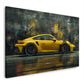 Porsche gialla vista di lato con sfondo urbano astratto quadro
