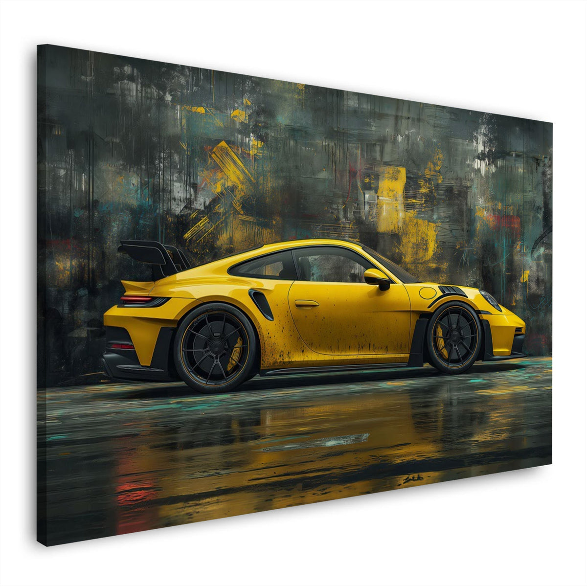 Porsche gialla vista di lato con sfondo urbano astratto quadro
