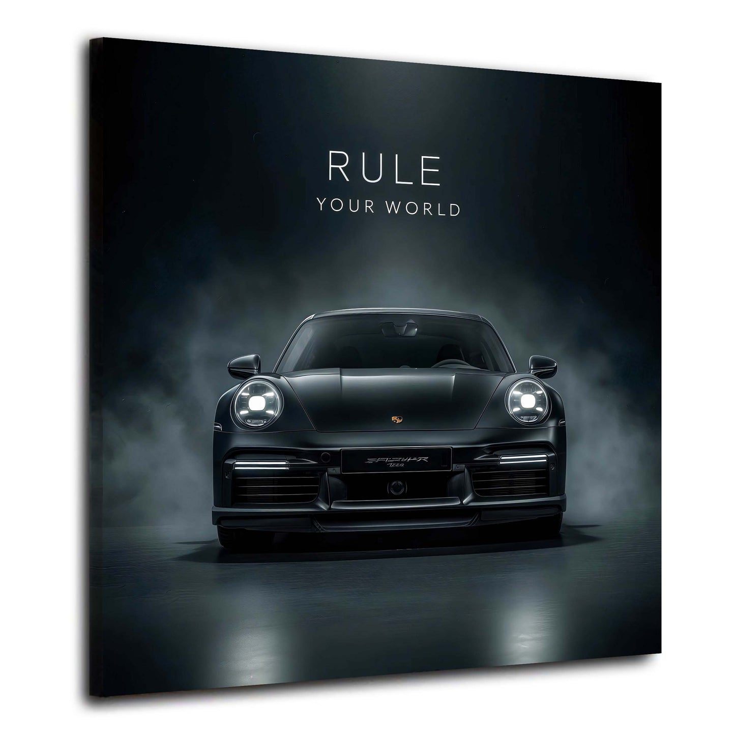 Porsche nera con scritta Rule Your World motivazionale quadro