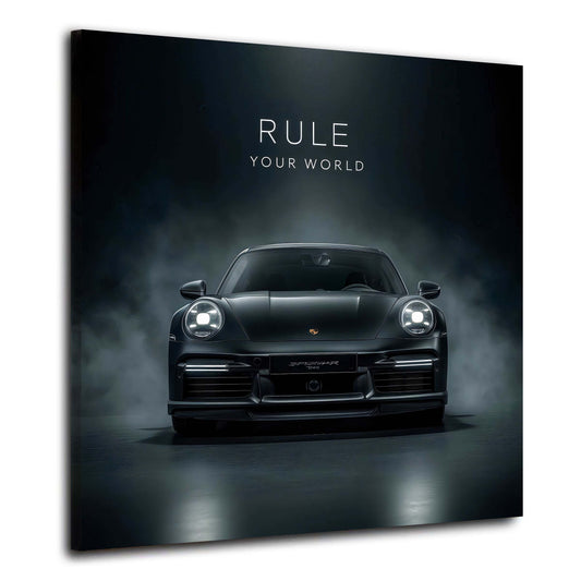 Porsche nera con scritta Rule Your World motivazionale quadro