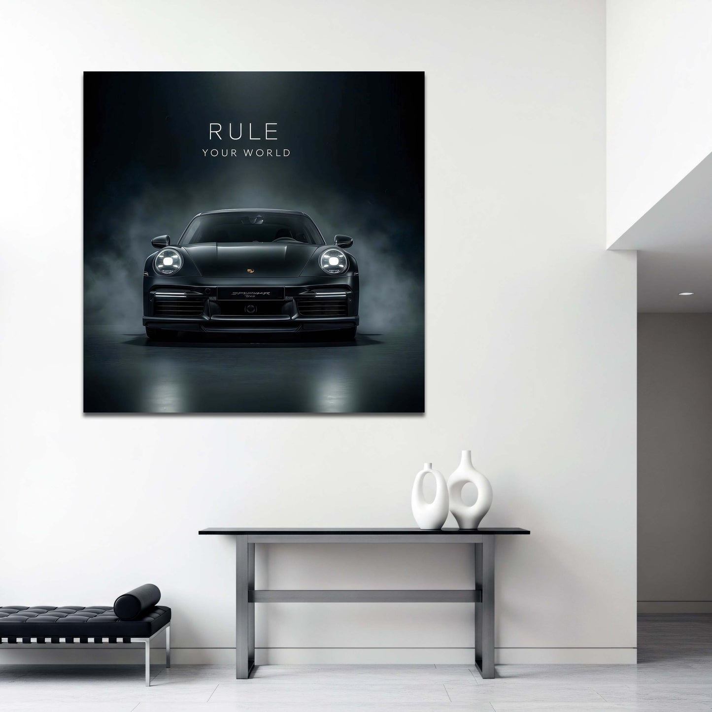 Porsche nera con scritta Rule Your World motivazionale quadro