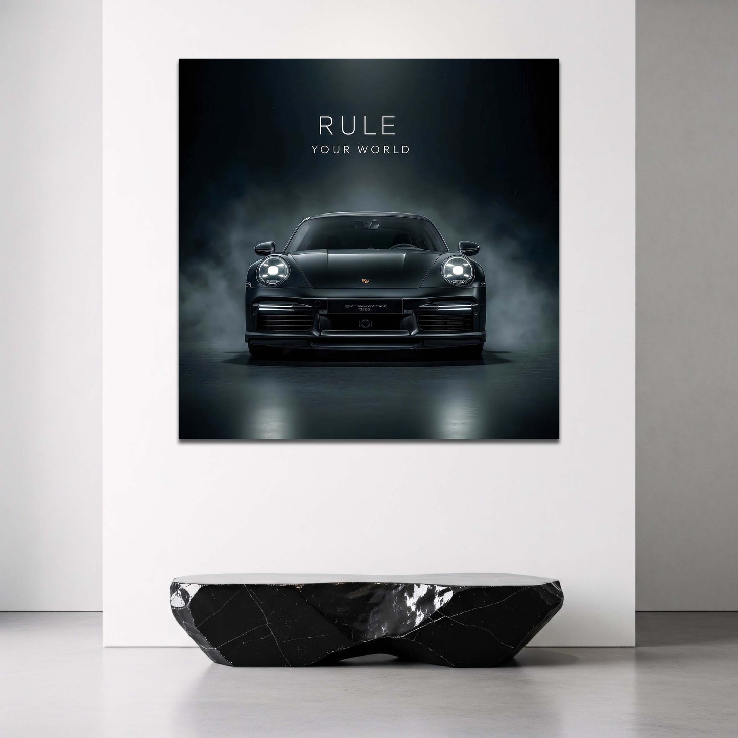 Porsche nera con scritta Rule Your World motivazionale quadro