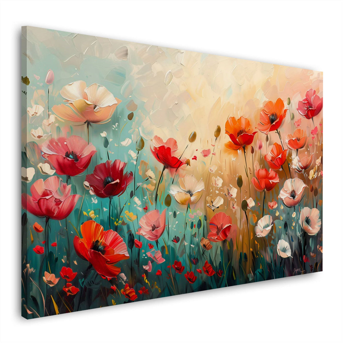 Prato fiorito delicato con papaveri rossi e colori sfumati quadro