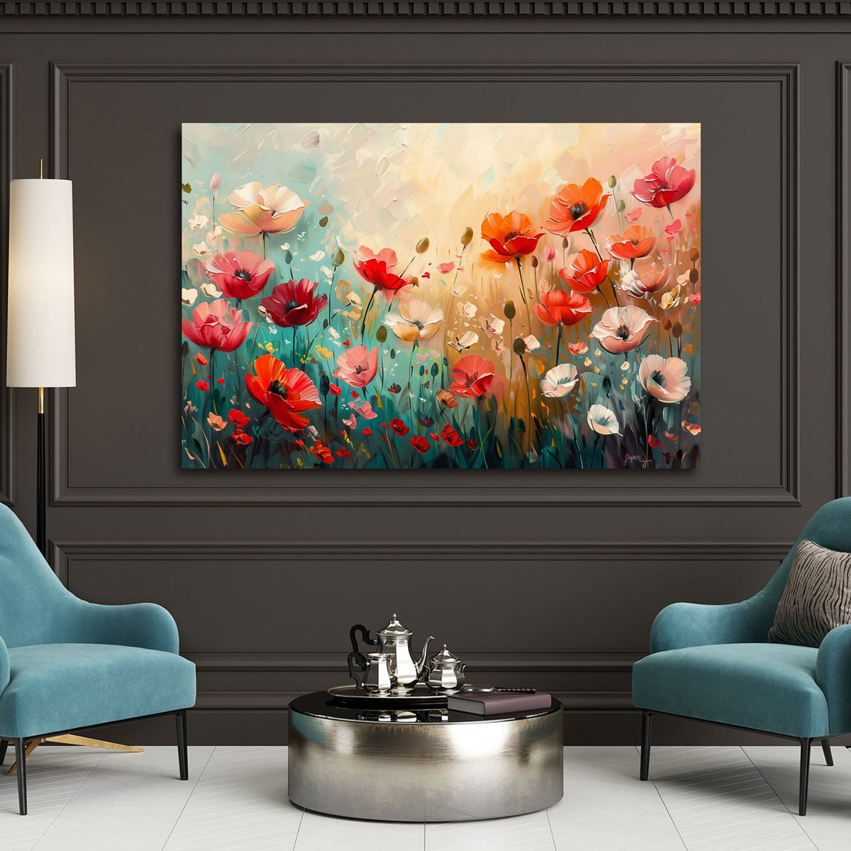 Prato fiorito delicato con papaveri rossi e colori sfumati quadro