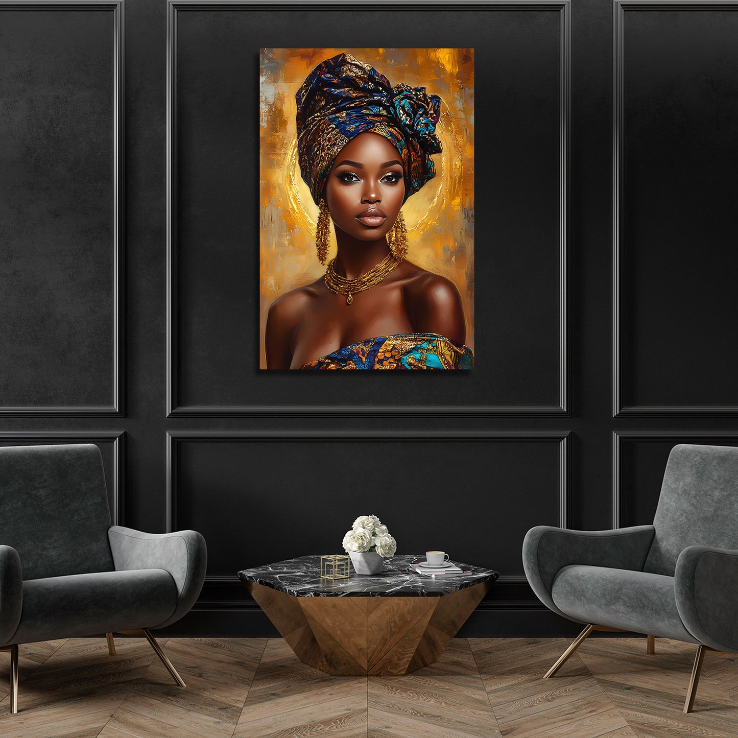 Ritratto africana con turbante gioielli eleganza oro quadro