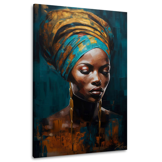 Ritratto africano donna turbante gioielli eleganza arte quadro