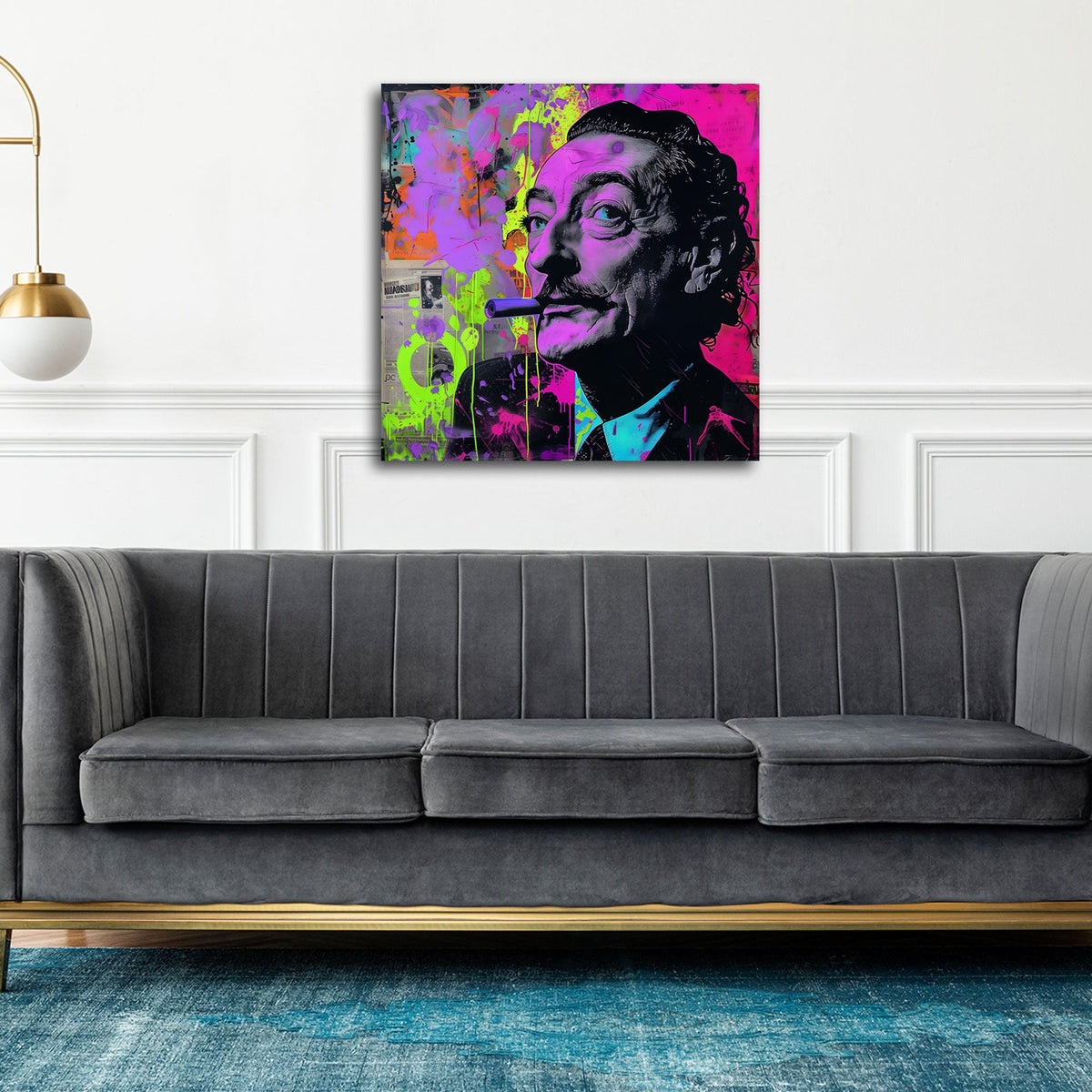 Ritratto di Dalí con baffi in viola neon stile Pop Art quadro