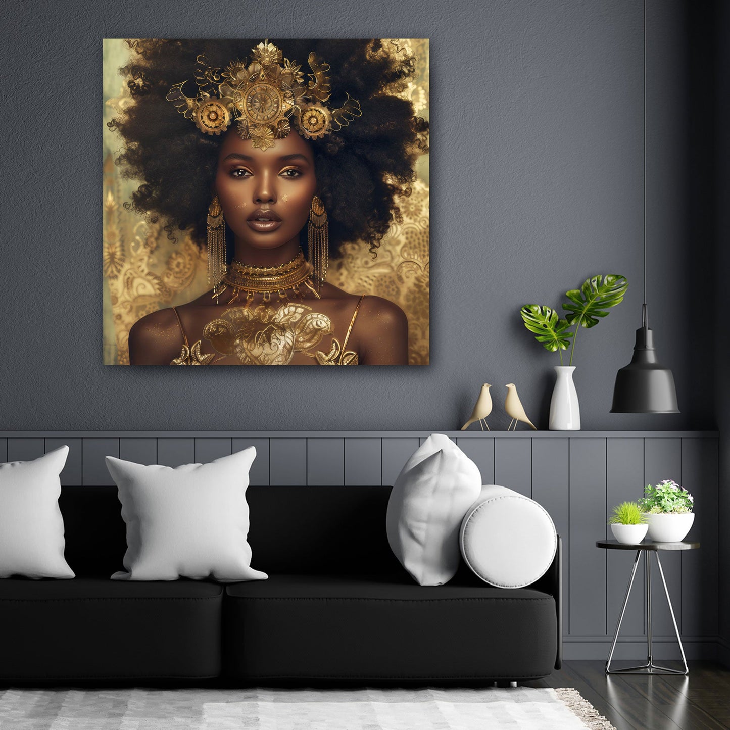 Ritratto donna africana corona oro gioielli eleganti quadro