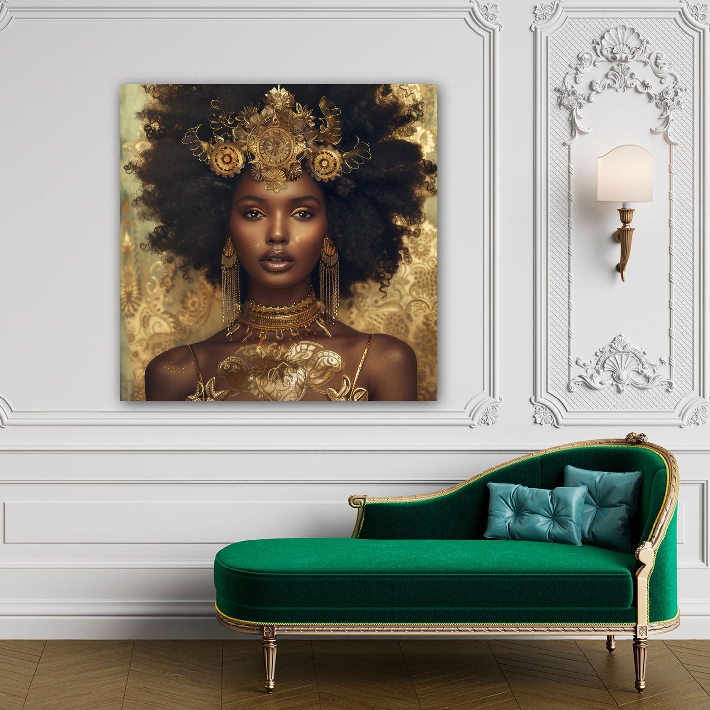 Ritratto donna africana corona oro gioielli eleganti quadro