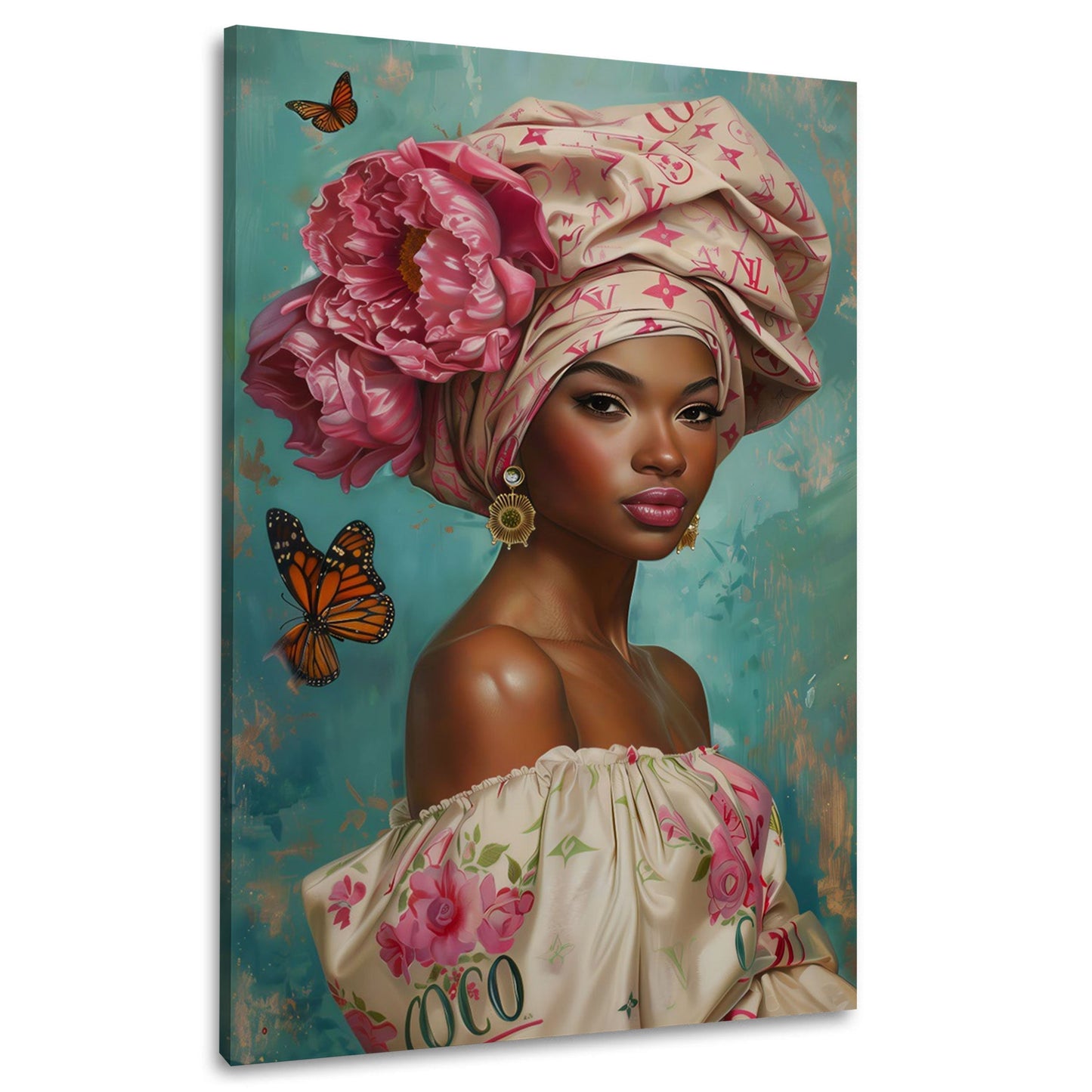 Ritratto donna africana fiori turbante farfalle elegante quadro