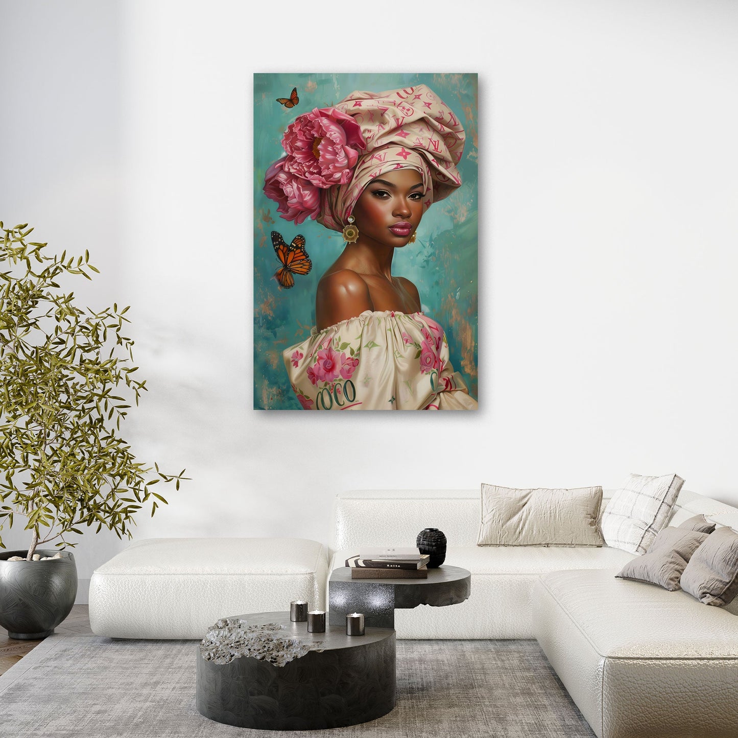 Ritratto donna africana fiori turbante farfalle elegante quadro