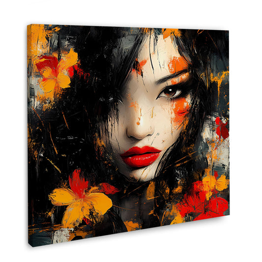 Ritratto donna asiatica fiori rosso arancione quadro