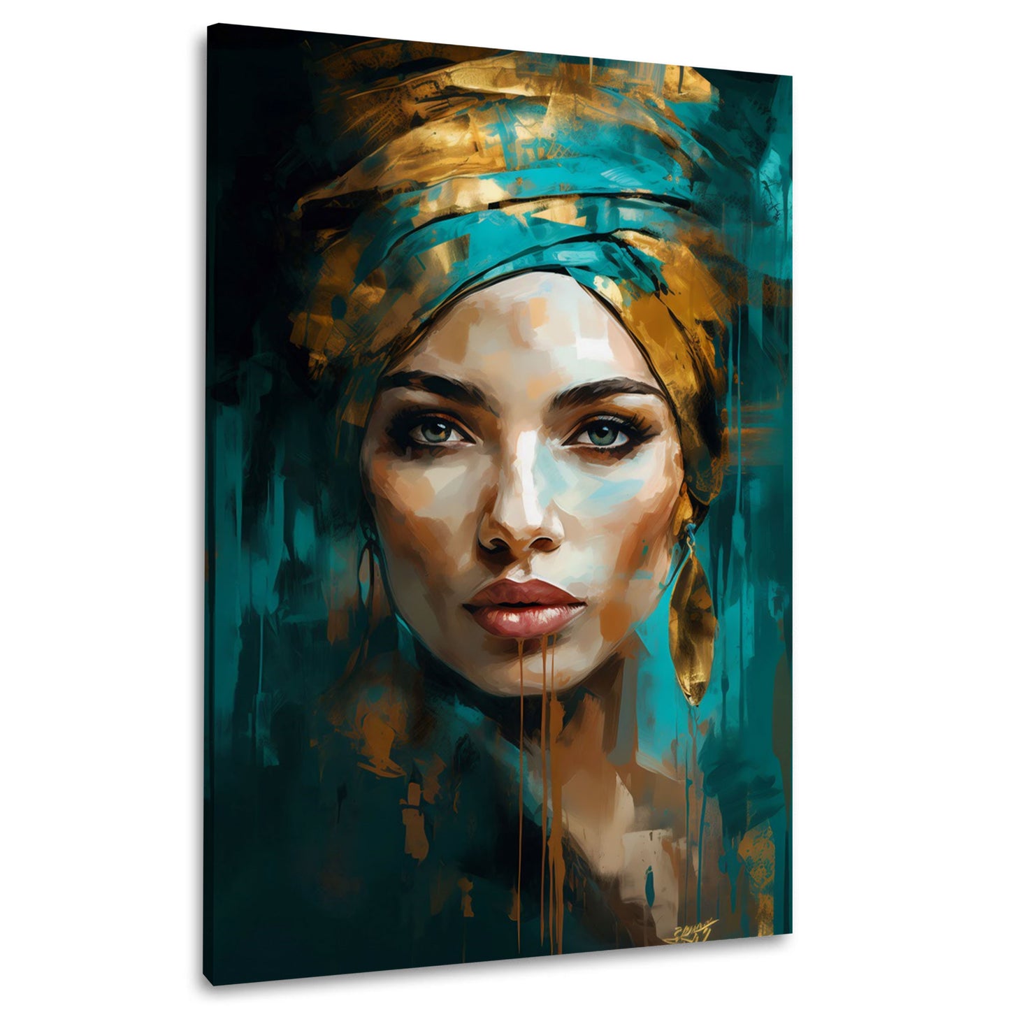 Ritratto donna astratto moderno turbante colori oro turchese quadro