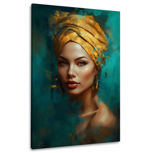 Ritratto donna bellissima turbante oro turchese elegante moderno quadro