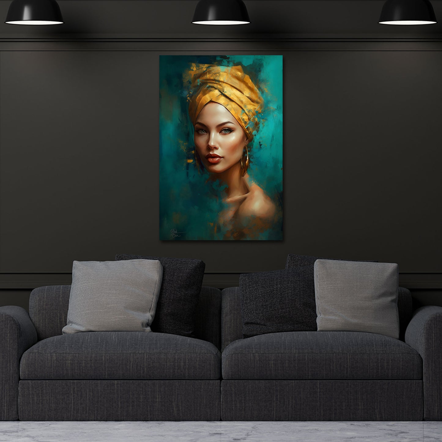 Ritratto donna bellissima turbante oro turchese elegante moderno quadro