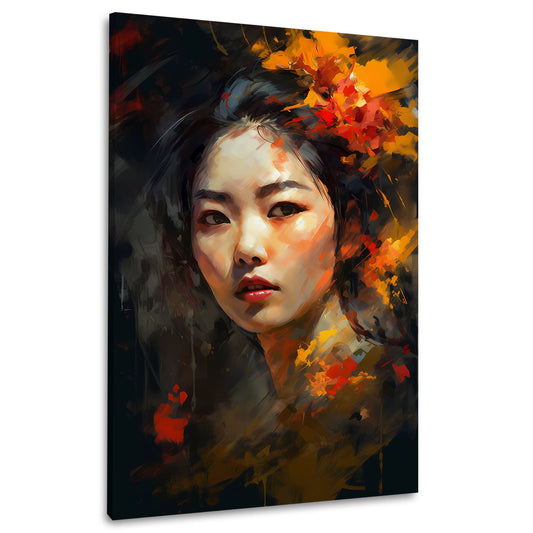 Ritratto femminile con fiori ed espressione intensa quadro