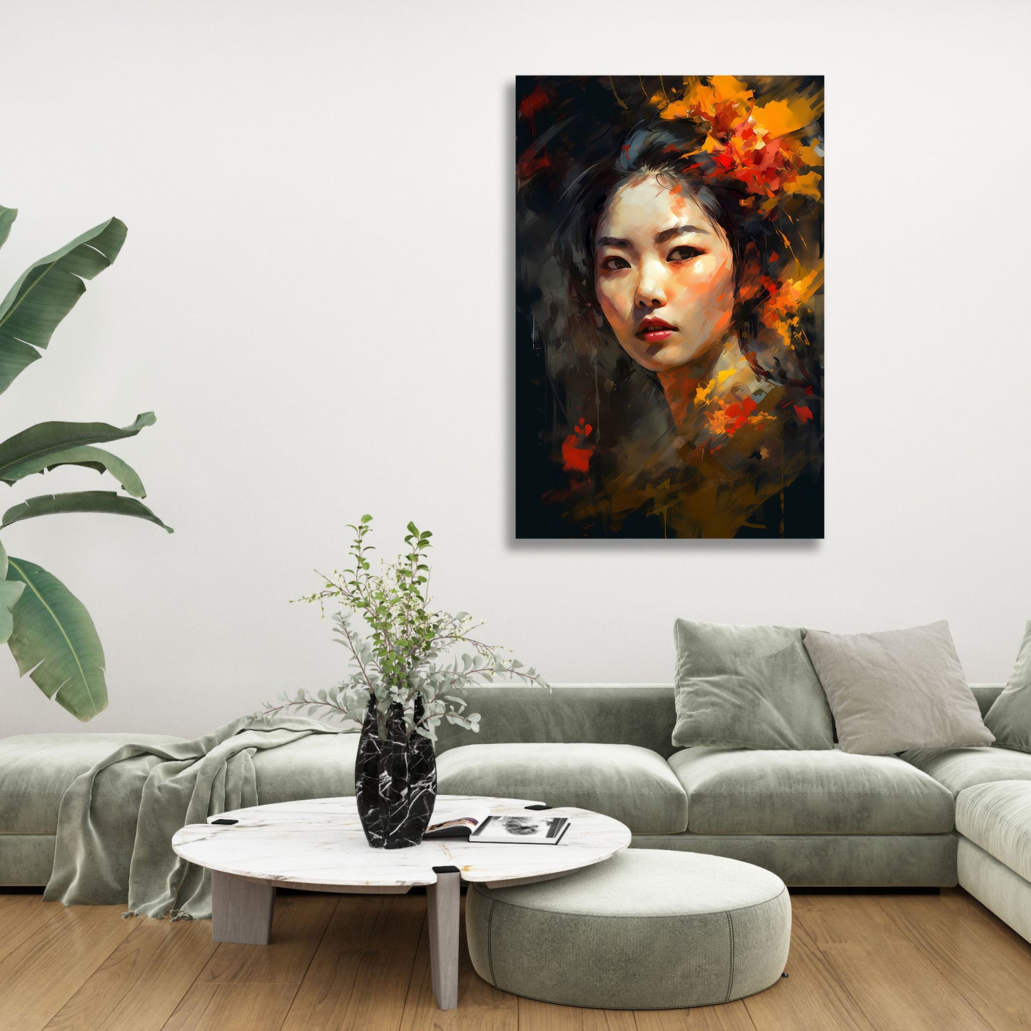 Ritratto femminile con fiori ed espressione intensa quadro