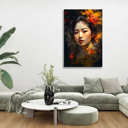 Ritratto femminile con fiori ed espressione intensa quadro