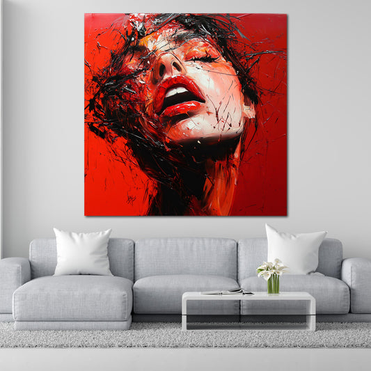Ritratto femminile espressionista rosso intenso labbra quadro