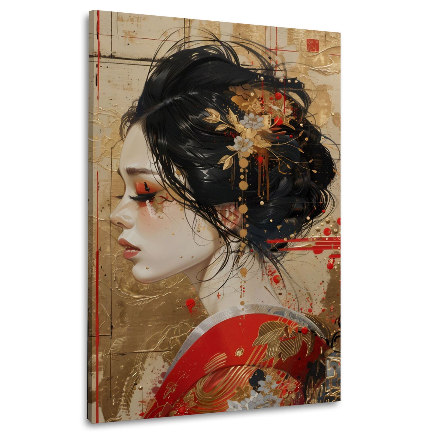 Ritratto geisha kimono rosso elegante con sfondo orientale quadro