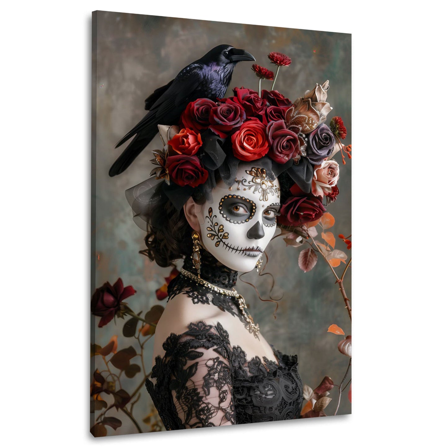 Ritratto la catrina con corvo e corona di rose rosse quadro
