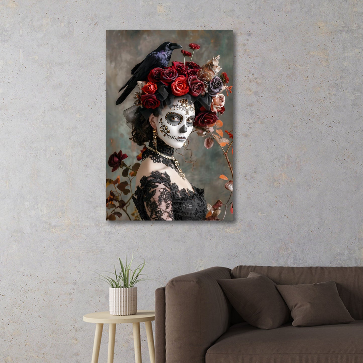 Ritratto la catrina con corvo e corona di rose rosse quadro