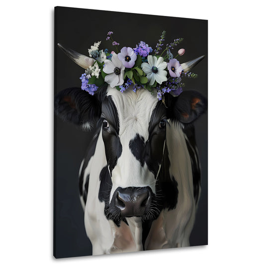 Ritratto mucca con fiori viola bianco e nero quadro